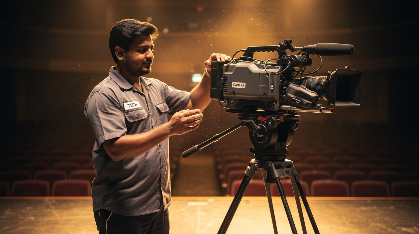 Technician adjusting a broadcast camera on a tripod before a cultural event