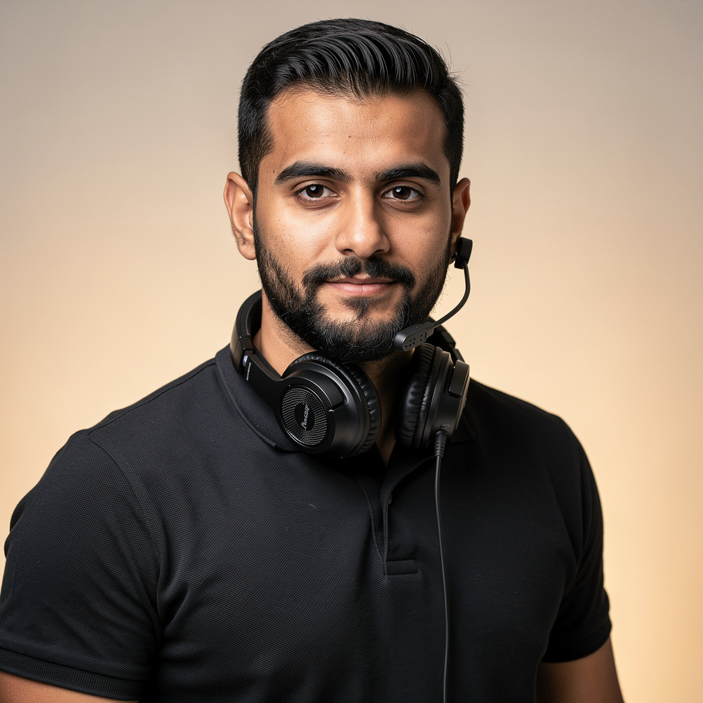 Studio portrait of a Middle Eastern man lighting technician