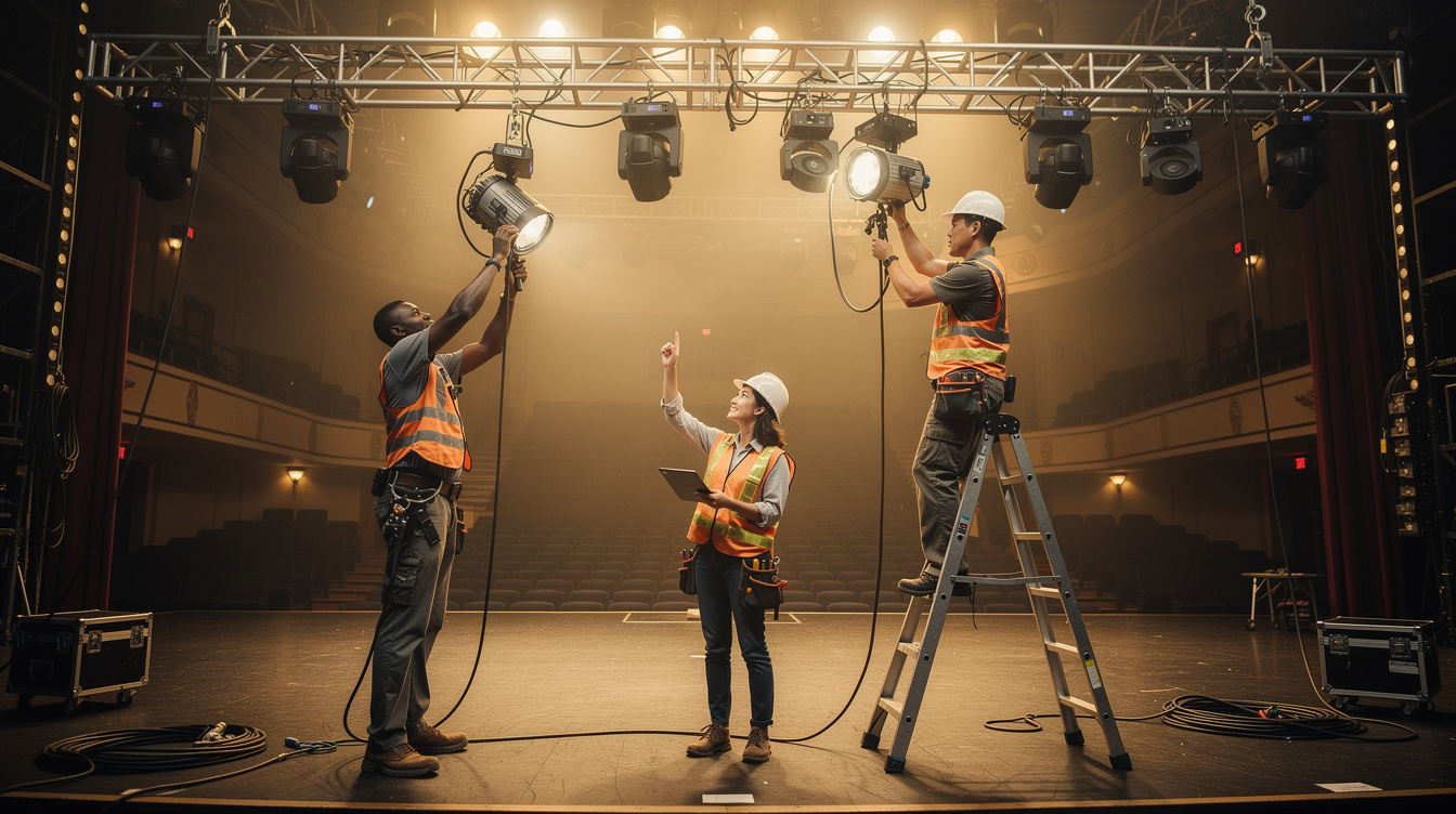 Crew members rigging stage lighting before a cultural performance
