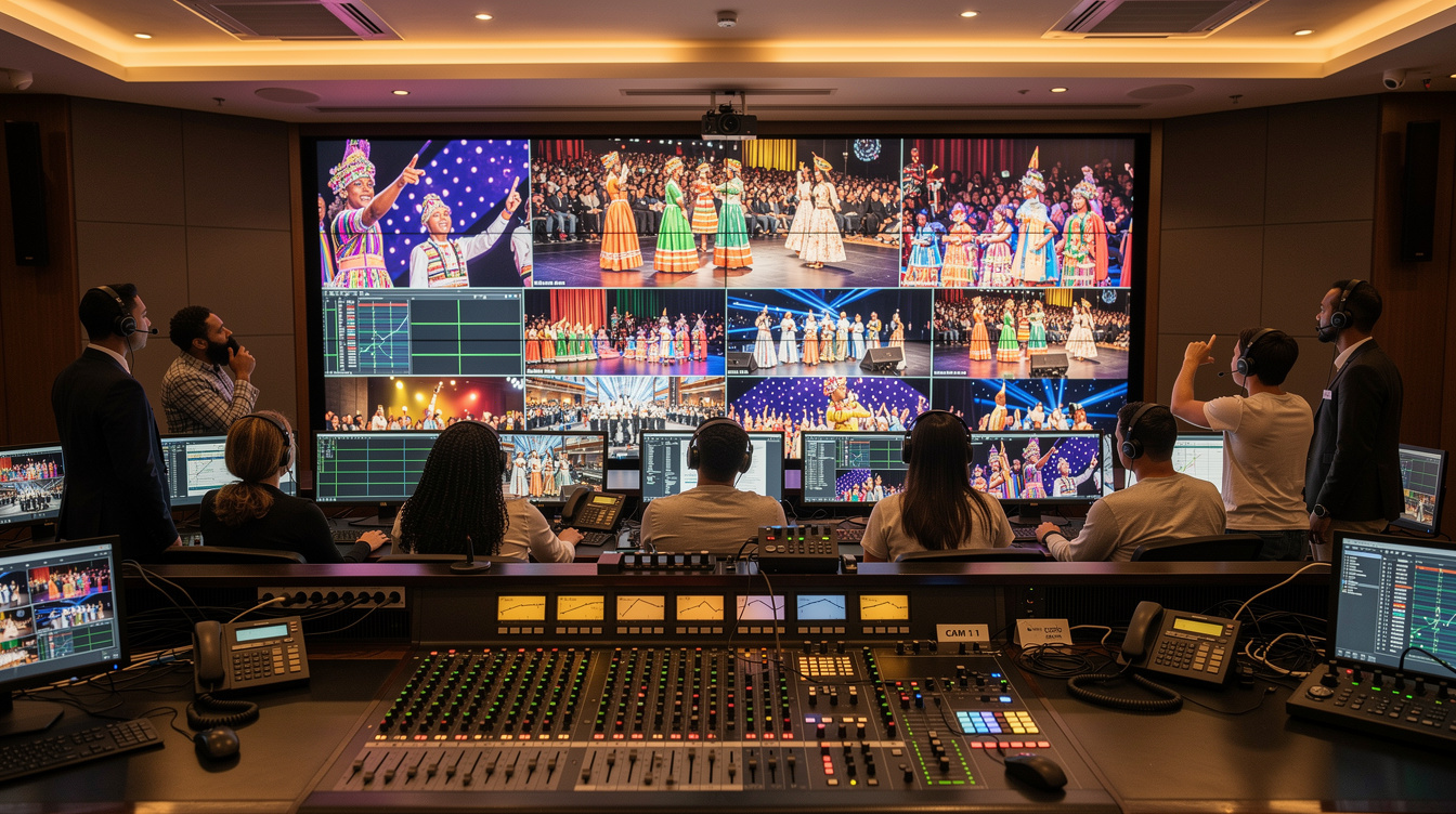 Broadcast control room with technicians monitoring cultural event coverage