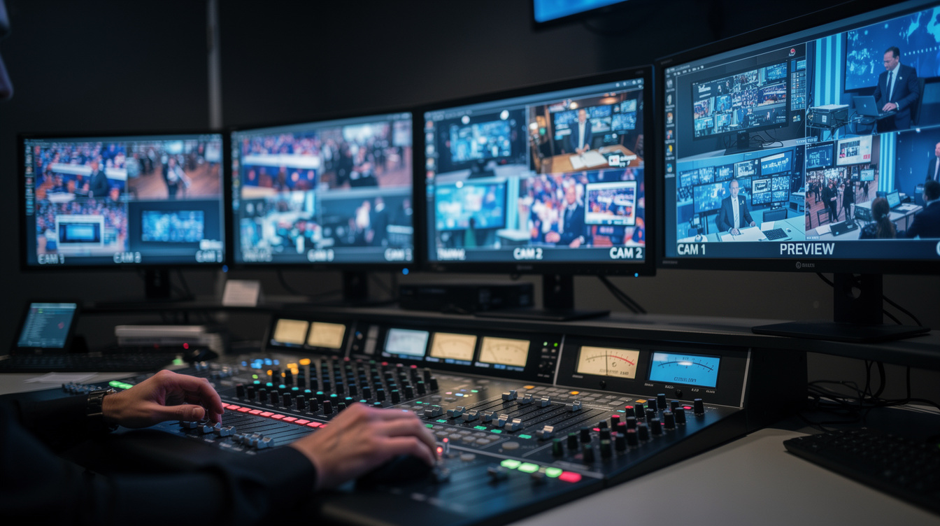 Production desk with multiple monitors and a mixing console during a live show