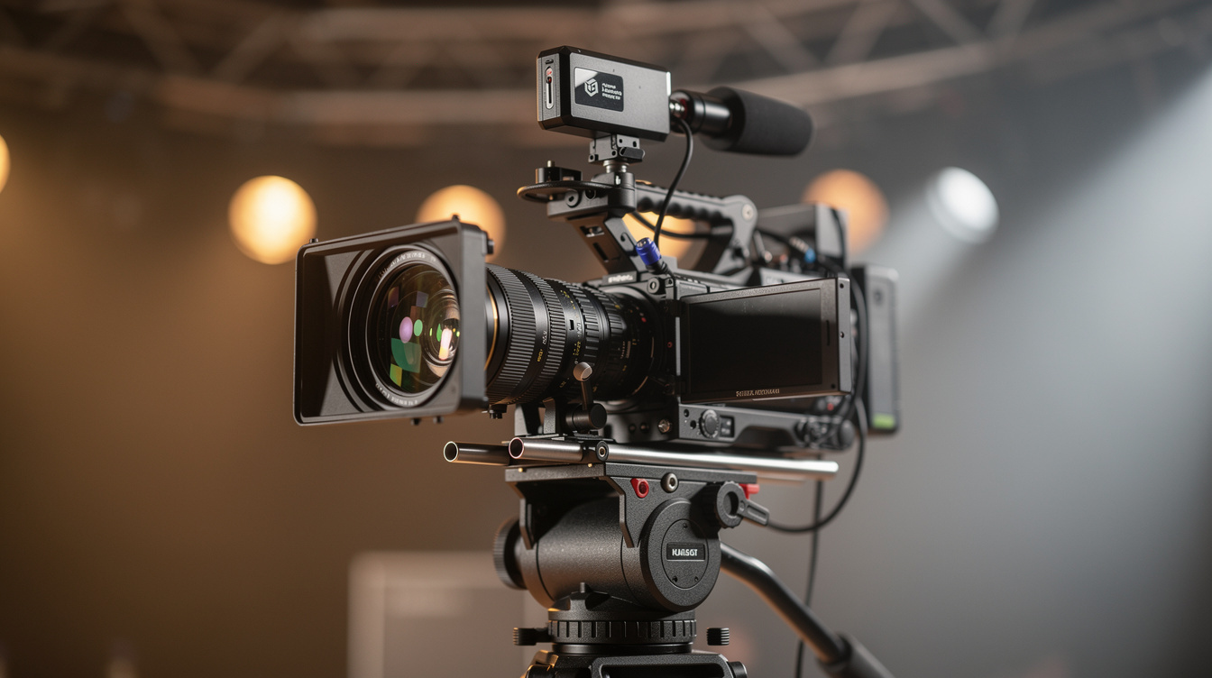 Professional broadcast camera and lens on stage before a cultural event
