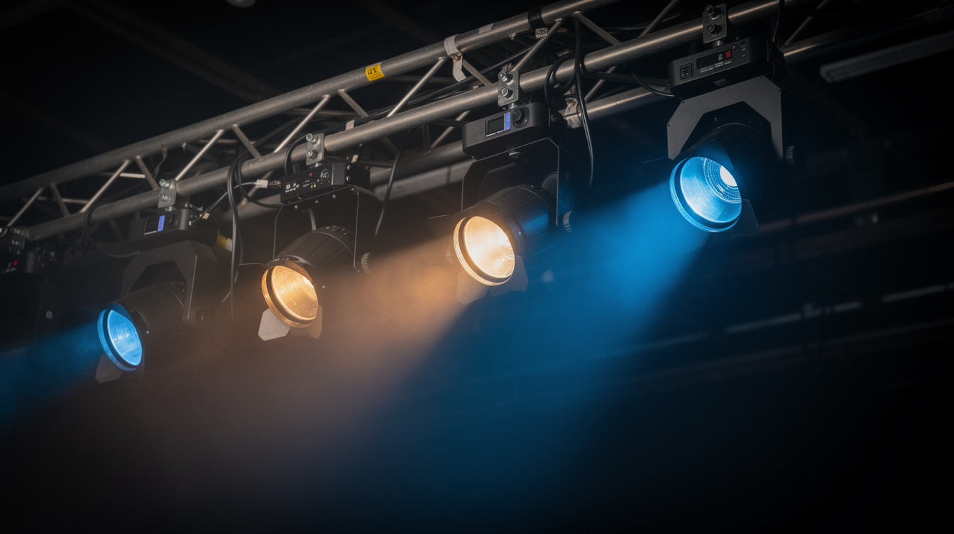 Close up of colorful stage lighting rig before a live cultural show