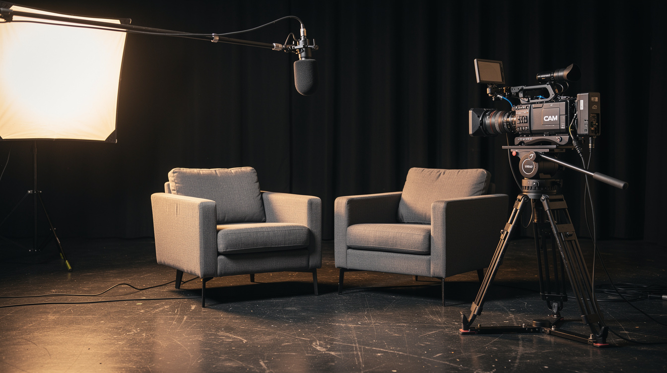 Two chairs arranged for a backstage interview with camera and lights ready